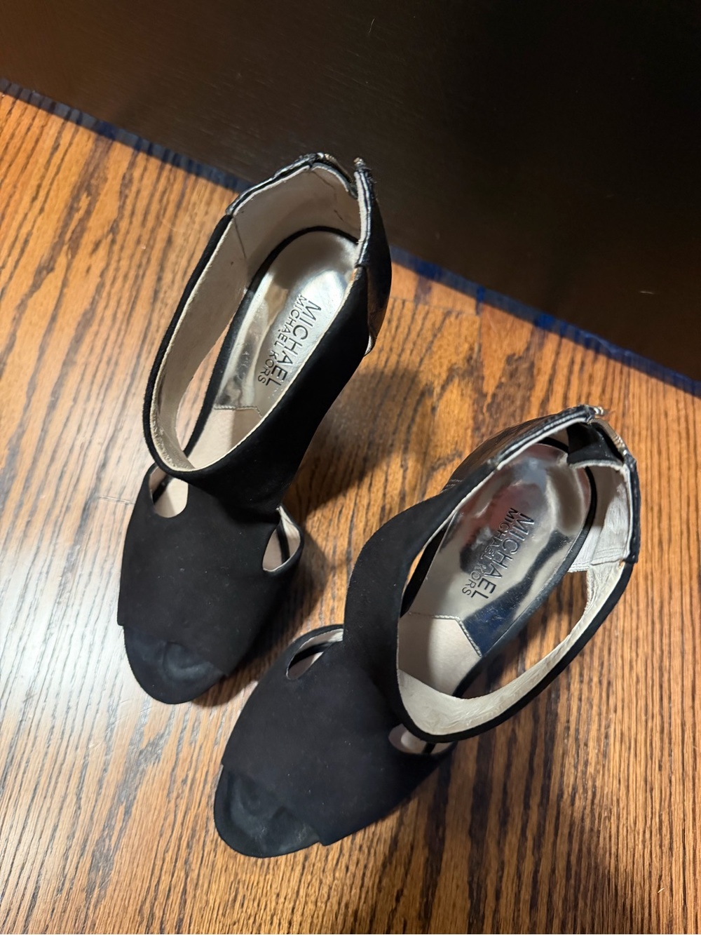 Michael Kors Black Suede Peep-Toe Ankle Strap Heels